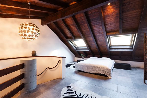 Interior, beautiful loft, luxurious bedroom